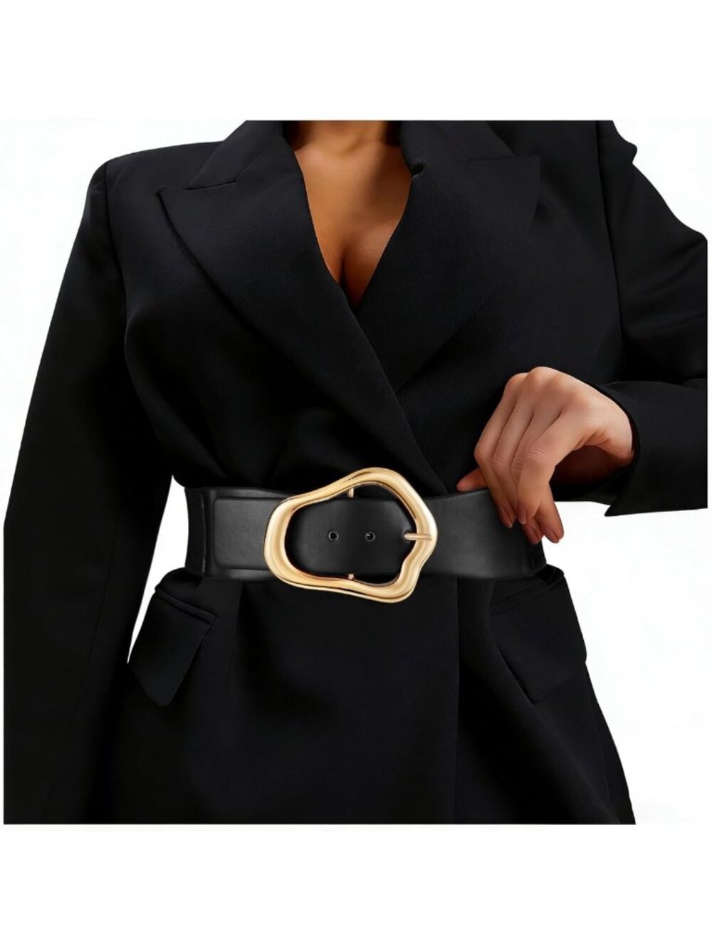 Stylish Wide Elastic Waist Belt for Dresses - Big Gold Buckle, Stretchy Leather